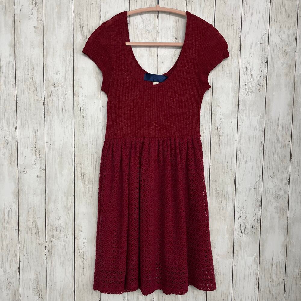 Blue Rain Short Sleeve Fit Flare Crochet Knit Lined Soft Knee Length Dress